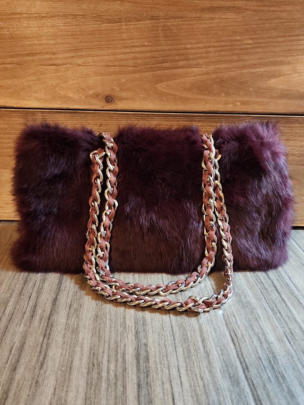 Wilsons Leather Maxima Plum Purple Genuine Rabbit Fur Clutch Chain Bag NWOT